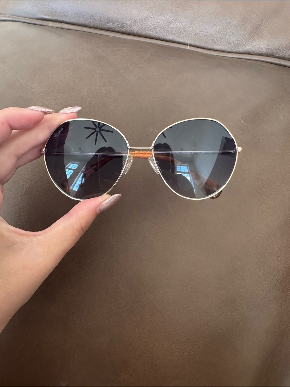 MaxMara Women's Gold “Menton” Round Sunglasses with Blue Lenses - Picture 4 of 5